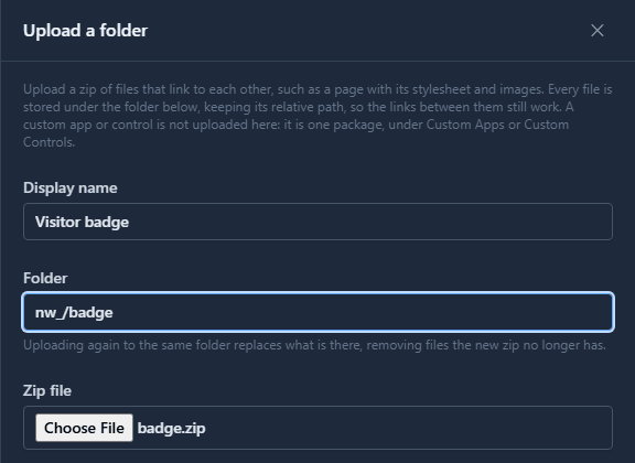 The Upload a folder panel: display name Visitor badge, folder nw_/badge, and badge.zip chosen