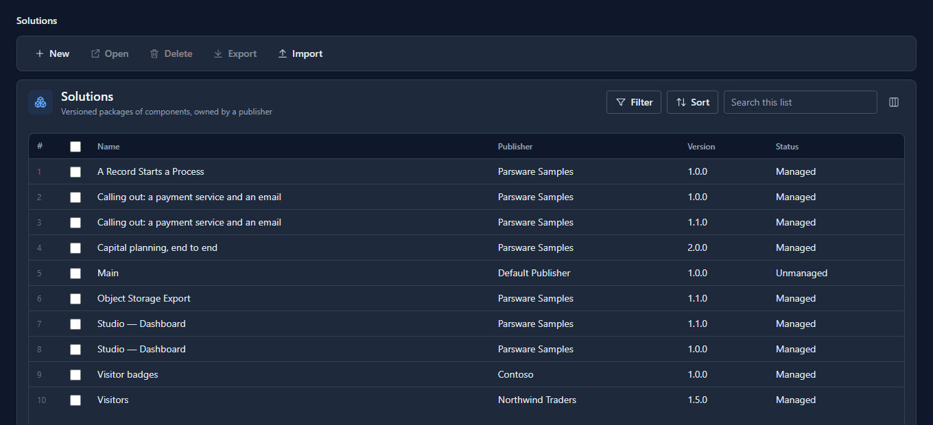 The Solutions list in Test with Visitors from Northwind Traders now at version 1.5.0, Managed