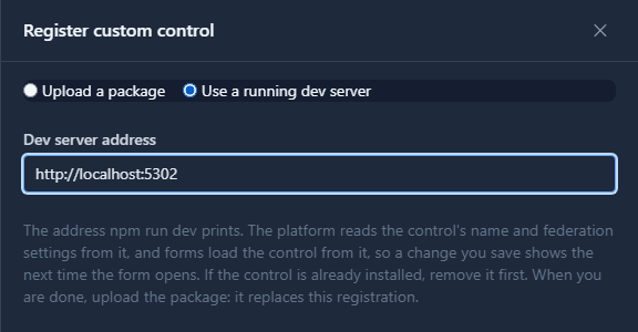 The Register custom control panel with Use a running dev server chosen and the dev server address http://localhost:5302