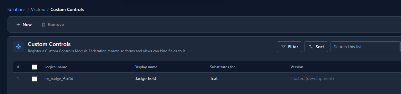 The Custom Controls list with Badge field, nw_badge_field, substitutes for Text, and Version reading Hosted (development)