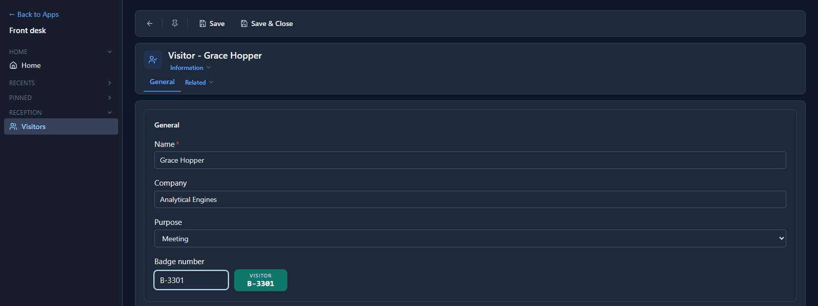 The visitor form after a refresh, the badge field holding B-3301 and the badge reading VISITOR B-3301