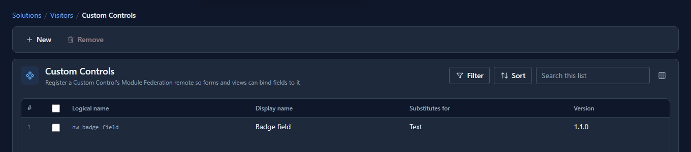 The Custom Controls list with Badge field back on a package, version 1.1.0