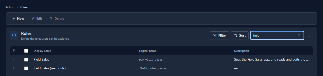 The Roles page searched for "field": Field Sales, par_field_sales, and Field Sales (read only), field_sales_reader