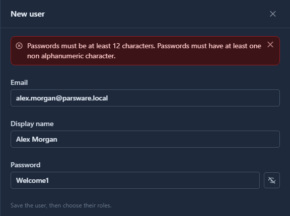 The New user panel for Alex Morgan with the password Welcome1 shown, and the refusal: Passwords must be at least 12 characters. Passwords must have at least one non alphanumeric character.