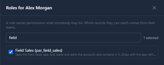 Roles for Alex Morgan, searched for field: Field Sales (par_field_sales) ticked, 1 selected