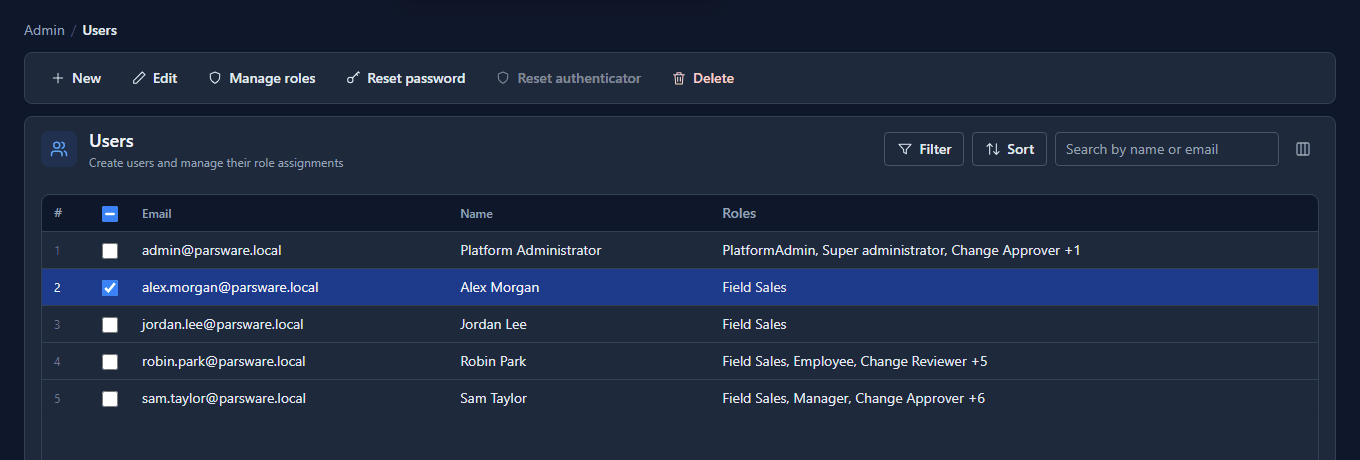 The Users list with Alex Morgan now holding Field Sales