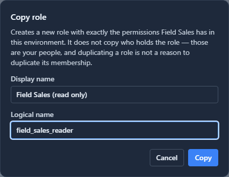 The Copy role dialog: Display name Field Sales (read only), Logical name field_sales_reader