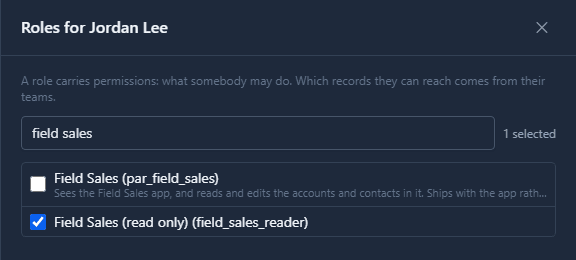Roles for Jordan Lee, searched for field sales: Field Sales unticked, Field Sales (read only) ticked