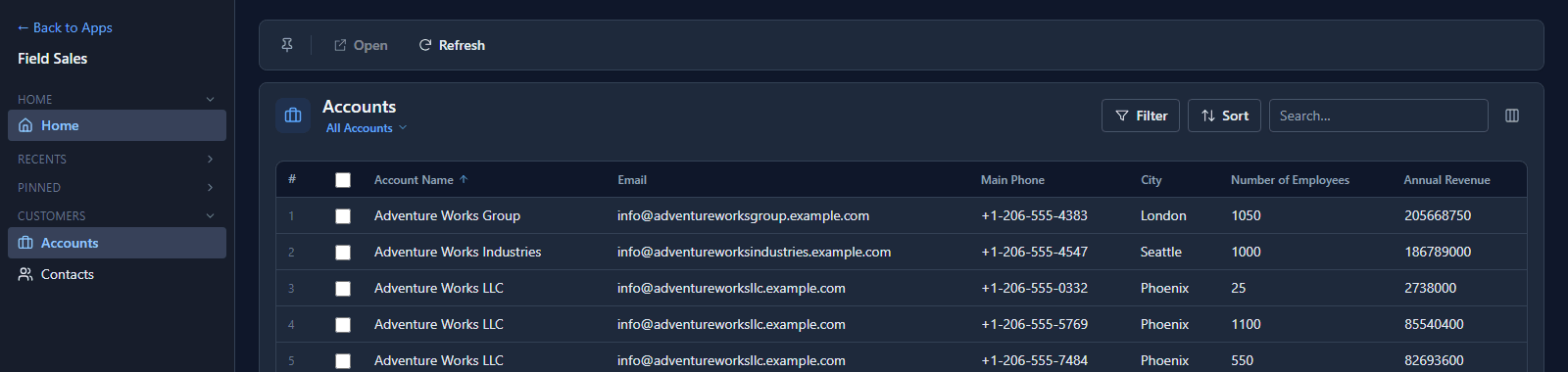 Jordan's Accounts list: the same records, with Open and Refresh on the bar and no New