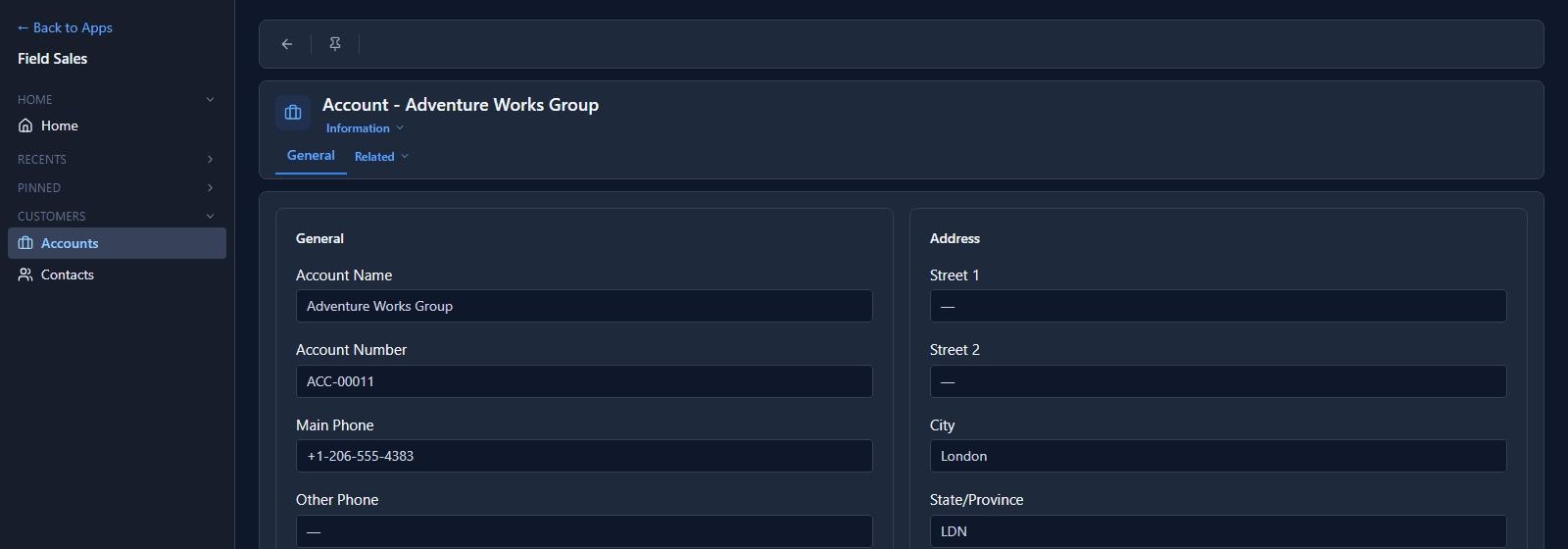 An account opened by Jordan: Adventure Works Group with its fields, and no Save on the bar
