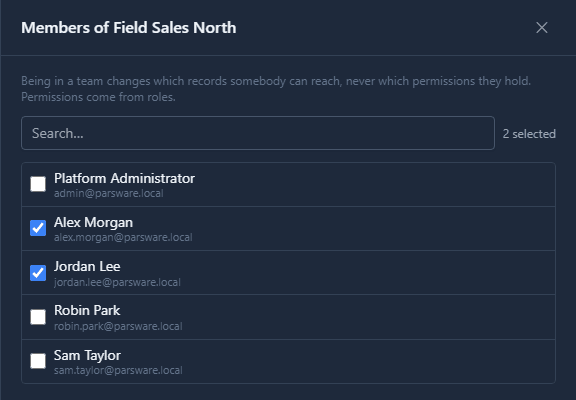 Members of Field Sales North: Alex Morgan and Jordan Lee ticked, 2 selected