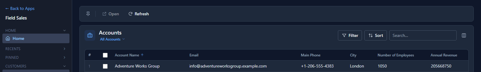 Jordan's Accounts list with Open and Refresh on the bar and no New