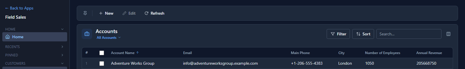 Jordan's Accounts list after the refresh, with New, Edit and Refresh on the bar