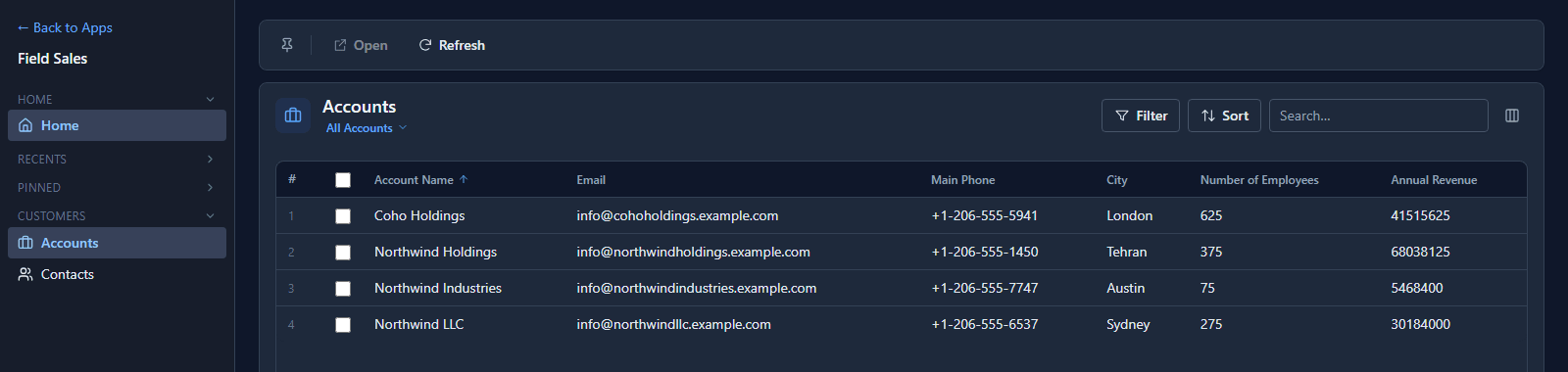 Jordan's Accounts list with four accounts: Coho Holdings, Northwind Holdings, Northwind Industries and Northwind LLC