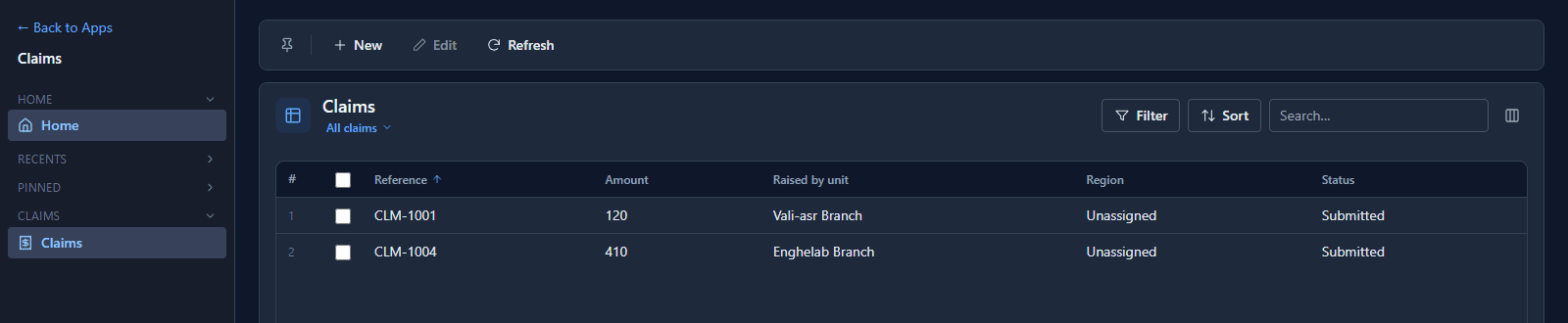 Robin's Claims list: CLM-1001 from Vali-asr Branch and CLM-1004 from Enghelab Branch
