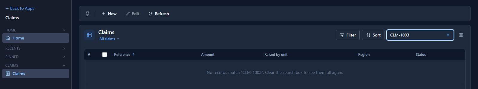 The Claims list searched for CLM-1003: No records match "CLM-1003"