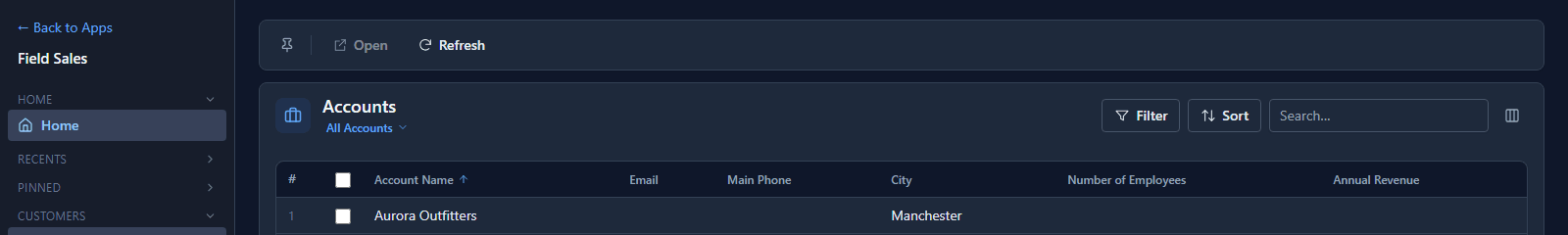 Jordan's Accounts list: Aurora Outfitters, Manchester, and Harbour Lights Ltd, Bristol