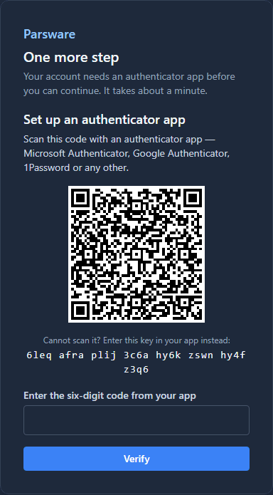 One more step: Set up an authenticator app, with a QR code, the key 6leq afra plij 3c6a hy6k zswn hy4f z3q6 written underneath for typing by hand, and a box for the six-digit code