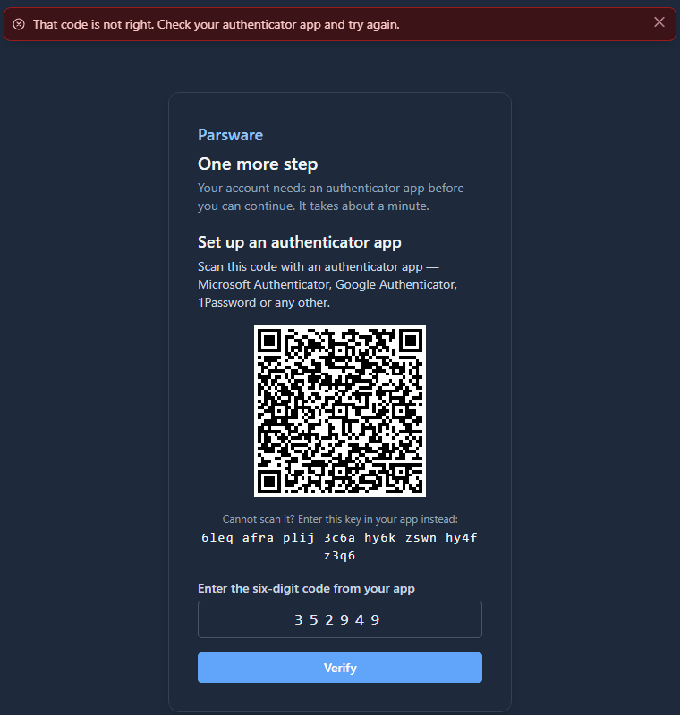 That code is not right. Check your authenticator app and try again, above the setup screen with a six-digit code entered
