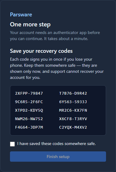 Save your recovery codes: ten codes in two columns, a tick box I have saved these codes somewhere safe, and Finish setup
