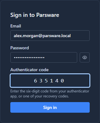 Sign in to Parsware with email, password and an Authenticator code box holding a six-digit code; the hint says a recovery code works there too