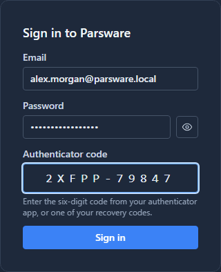 Sign in to Parsware with email, password and a recovery code in the Authenticator code box