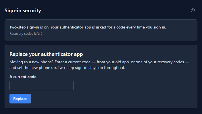 Sign-in security: two-step sign-in is on, recovery codes left 9, and a Replace your authenticator app panel asking for a current code