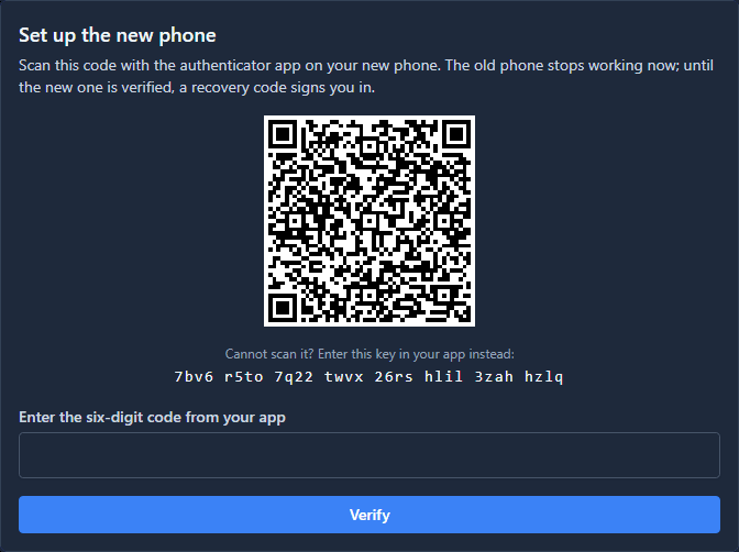 Set up the new phone: a QR code, the key written out underneath, and a box for the six-digit code from the new app