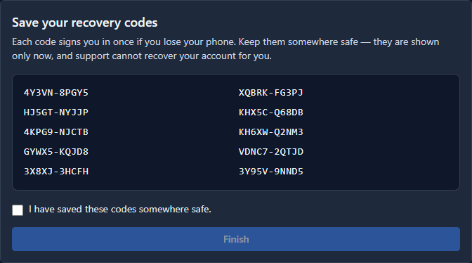 Save your recovery codes: ten new codes and an I have saved these codes somewhere safe tick box above Finish