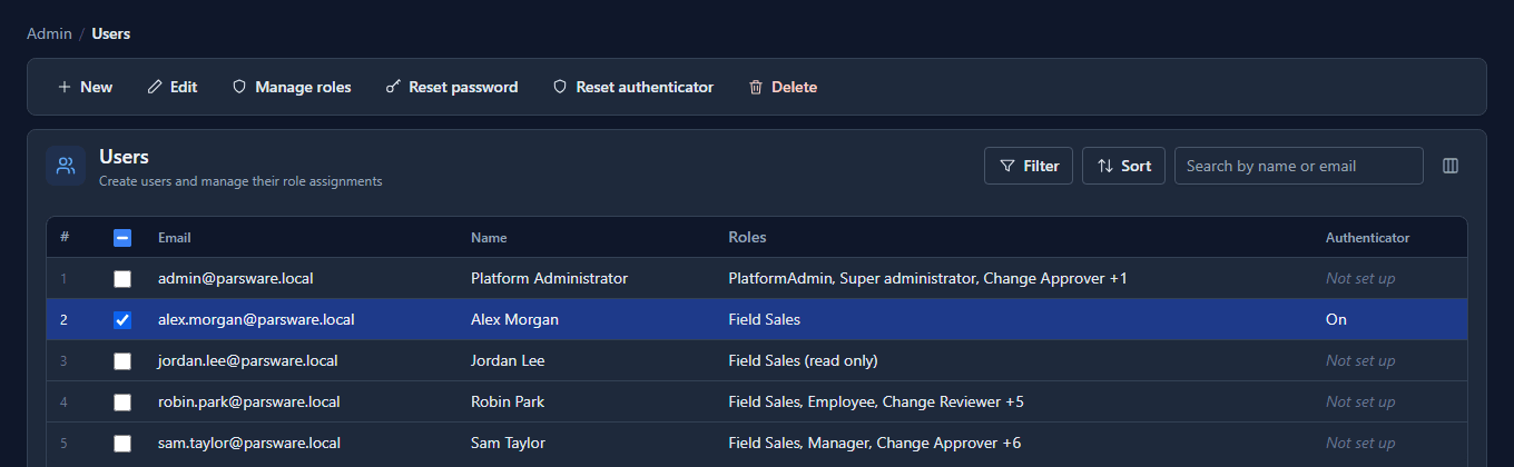 The Users list with the Authenticator column: On for Alex Morgan, Not set up for everyone else, and Alex's row ticked; Reset authenticator is on the command bar