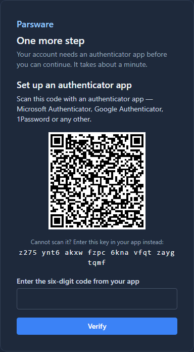 One more step: Set up an authenticator app, with a new QR code and key