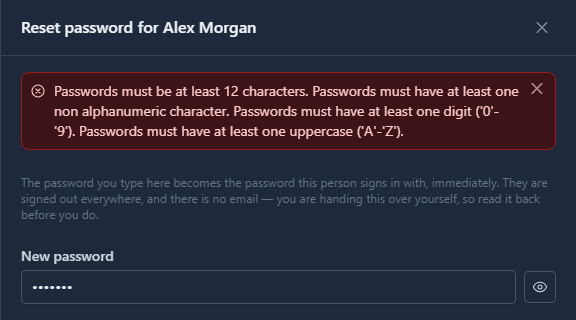 Reset password for Alex Morgan, with an error listing the rules: at least 12 characters, a character that isn't a letter or a digit, a digit, and an uppercase letter