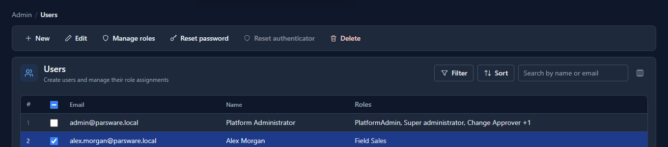 The Users list with Alex Morgan selected and a Password changed message