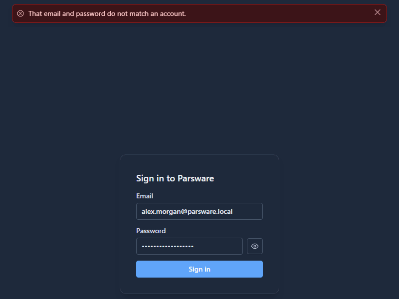That email and password do not match an account, above the sign-in form