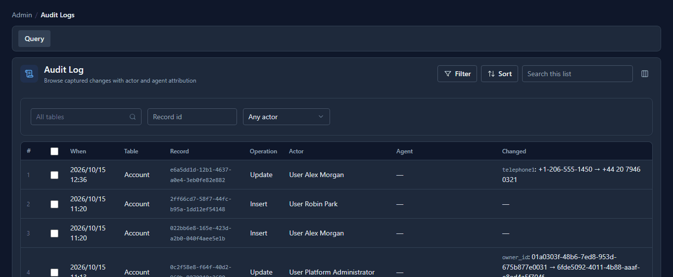 The Audit Log for Development: When, Table, Record, Operation, Actor, Agent and Changed columns, the newest an update to an Account by Alex Morgan changing telephone1