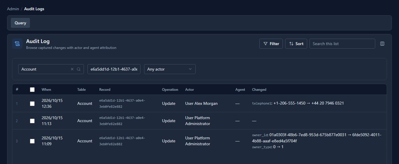 Three updates to one account: Alex Morgan's phone number change, and two by the Platform Administrator, one of which moved the owner from a user to a team