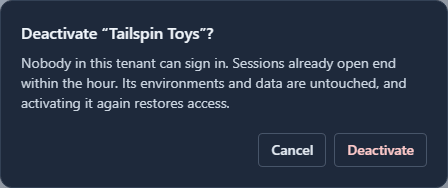 Deactivate Tailspin Toys? Nobody in this tenant can sign in. Sessions already open end within the hour. Its environments and data are untouched, and activating it again restores access.