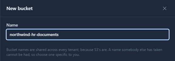 New bucket: the name northwind-hr-documents, and the hint that bucket names are shared across every tenant, so choose one specific to you