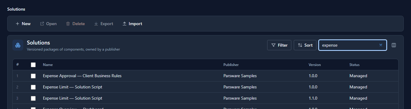 Solutions searched for "expense": Expense Approval, two versions of Expense Limit, Expense Overview and Expense Reporting