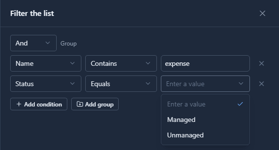 Filter the list: Name contains expense, And Status equals, with Managed and Unmanaged offered in a list