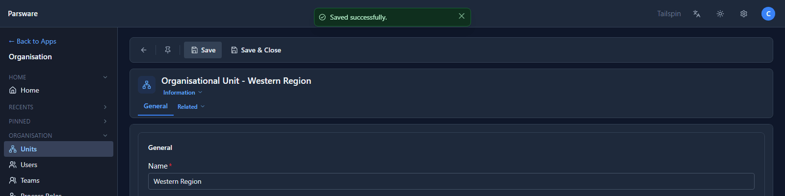 The new unit Western Region in Tailspin's Organisation app, with Saved successfully