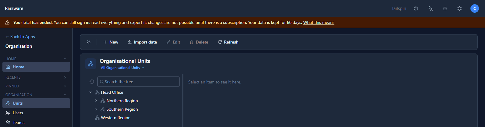Your trial has ended. You can still sign in, read everything and export it; changes are not possible until there is a subscription. Your data is kept for 60 days. Below it the units tree: Head Office, Northern Region, Southern Region, Western Region