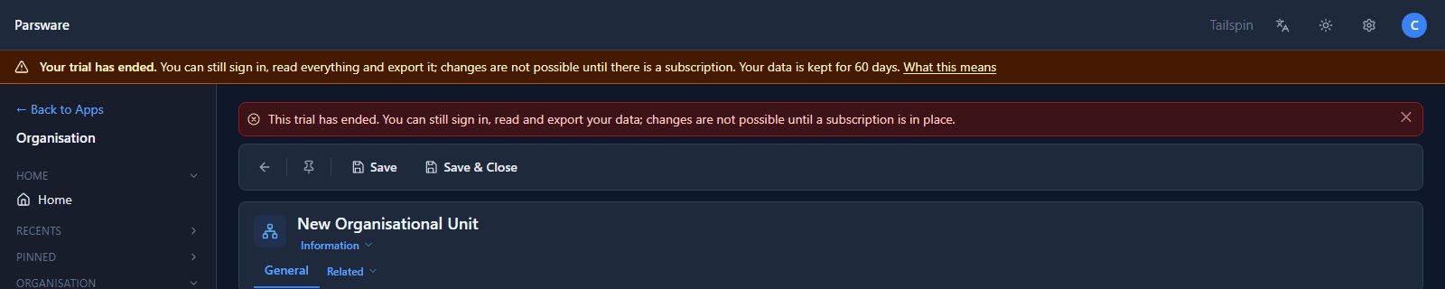 A new unit, Eastern Region, refused with: This trial has ended. You can still sign in, read and export your data; changes are not possible until a subscription is in place.