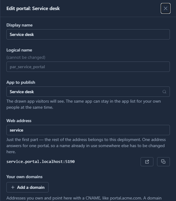 Edit portal: Service desk. App to publish: Service desk. Web address: service, giving service.portal.localhost:5190. Who can open it: People who sign in.