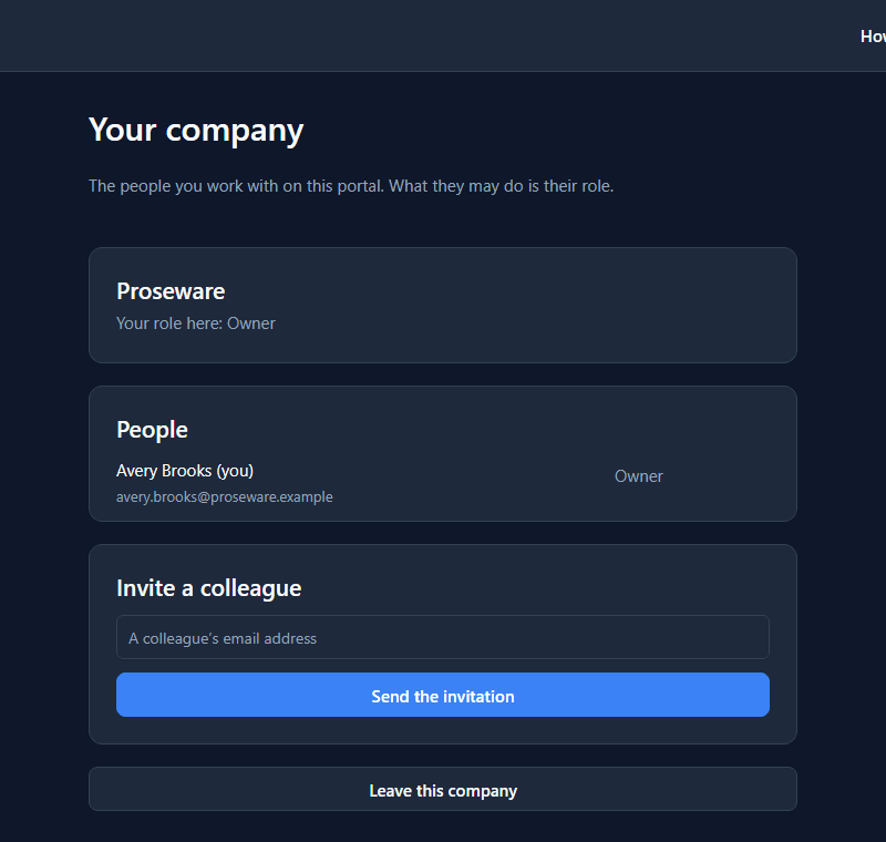 Your company: Proseware, your role here Owner; People: Avery Brooks (you), Owner; Invite a colleague; Leave this company