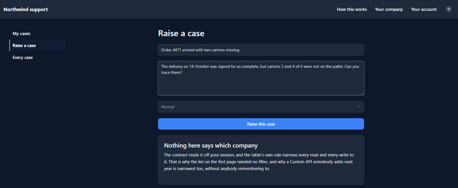 Raise a case: the subject Order 4471 arrived with two cartons missing, a description, urgency Normal, and a note: Nothing here says which company. The contract reads it off your session.