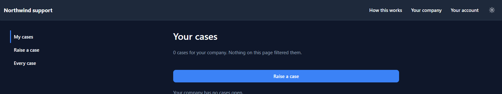 Your cases: 0 cases for your company. Your company has no cases open.
