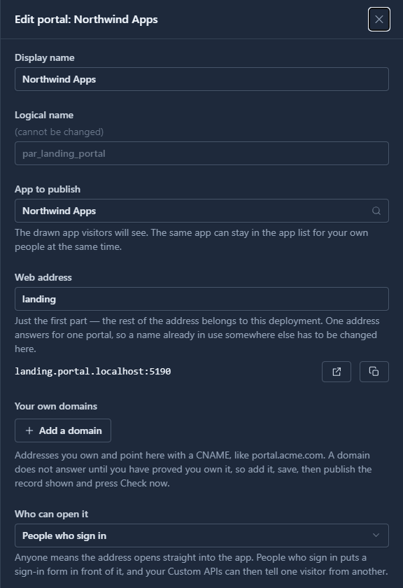 Edit portal: Northwind Apps. App to publish: Northwind Apps. Web address: landing, giving landing.portal.localhost:5190. Your own domains: Add a domain. Who can open it: People who sign in.