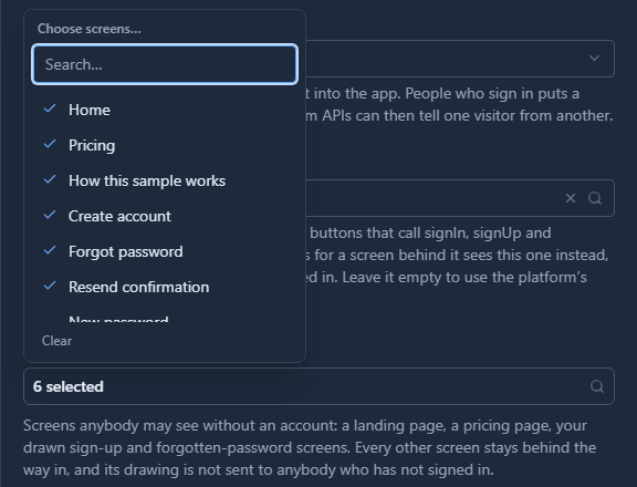Choose screens: Home, Pricing, How this sample works, Create account, Forgot password and Resend confirmation are ticked; New password, Address confirmed and Account are not