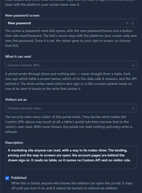 What it can read: Choose Custom APIs. Visitors act as: Choose security roles. Published, ticked: while this is ticked, anyone who knows the address can open this portal.